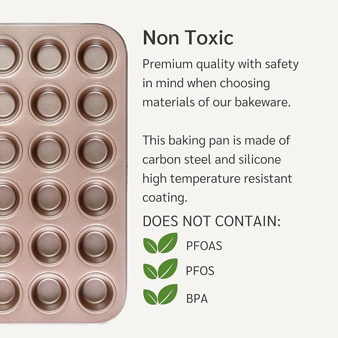 24 Cup Mini Muffin Pan Nonstick, PFOA & BPA Free | | Non-Toxic - High Carbon Steel - Gold - Small Cupcake Tin for Oven Baking