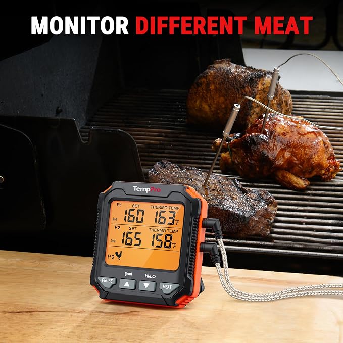 TempPro TempTrack Digital Meat Thermometer for Cooking with 2 Meat Probes | Large LCD Backlit Oven Probe Thermometer, Kitchen Food Thermometer with Temp Alert for Smoker, BBQ,Grill