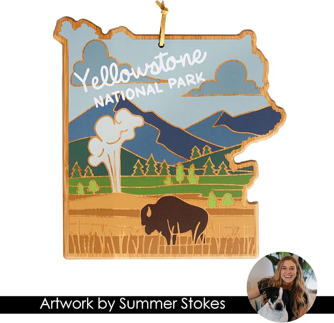 Totally Bamboo Yellowstone National Park Cutting Board, Summer Stokes Art | Yellowstone charcuterie board with colorful hand-drawn landscape art. Reverse side for food prep. Hang tie for wall display.