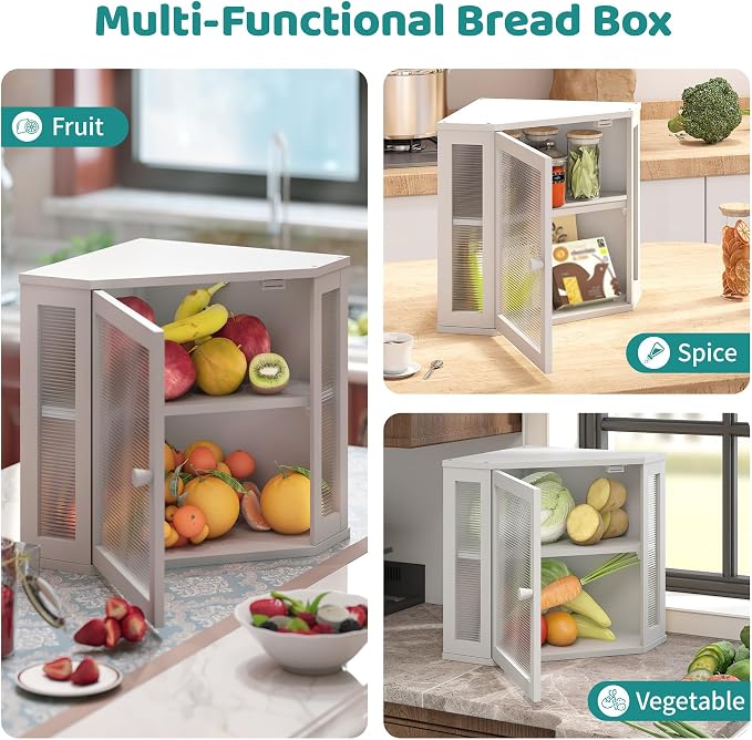 White Corner Bread Box, Bamboo Bread Box for Kitchen Countertop, 2 Tier Wooden Bread Storage, Solid Bamboo Wood