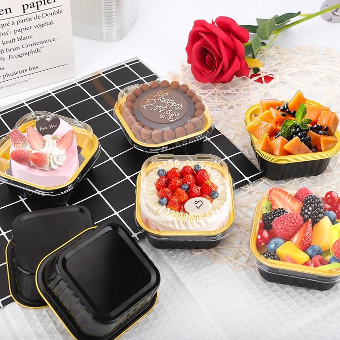 60Pack 5oz Black&Gold Mini Cake Pans with Lids, Spoons and Stickers Baking Cups Aluminum Foil Pans Tins, Individual Dessert Cups Containers for Sales,Party,Picnics