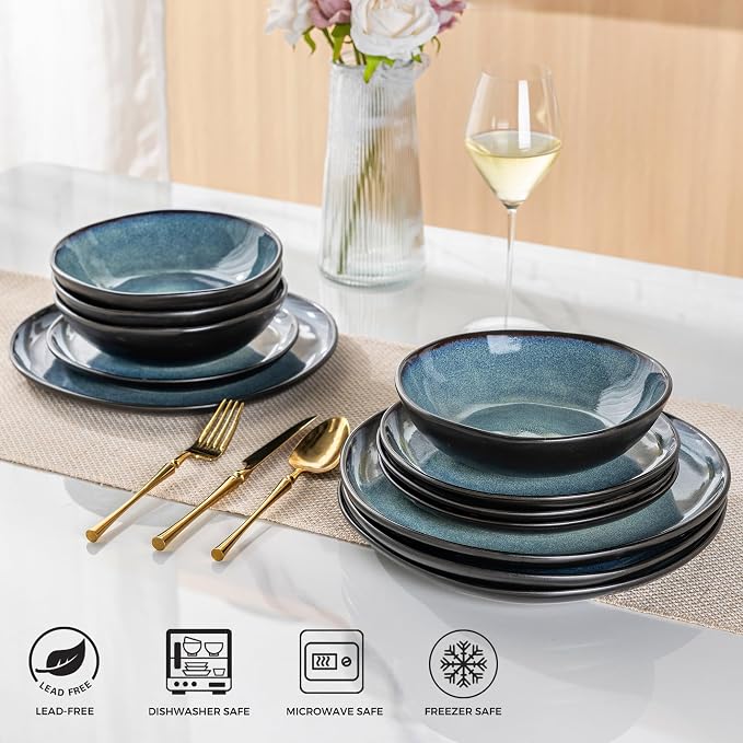 AmorArc Ceramic Dinnerware Sets for 6, 18Pcs Plates and Bowls Sets Dishes | Stoneware Handmade Reactive Glaze Dinner Set, Highly Scratch Resistant | Dishwasher & Microwave Safe Dishware