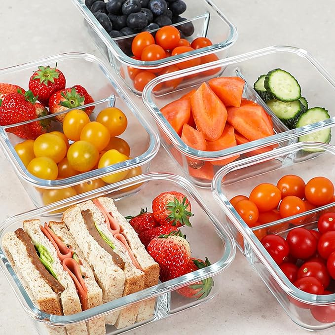30 oz 5 Pack Glass Meal Prep Containers 2 Compartments, Glass Food Storage Containers with Lids, Airtight Lunch Box, Microwave, Oven and Freezer Safe, Green