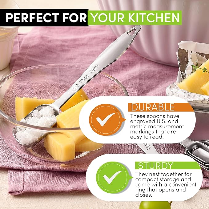Spring Chef Stackable Stainless Steel Measuring Spoons Set of 6 w/Leveler | Rectangular Metric Metal Teaspoon & Tablespoon Measuring Spoons for Dry & Liquid Ingredients, Fits in Spice Jars, Long Handle