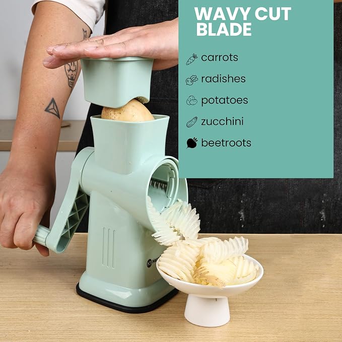 Rotary Cheese Grater with Hand Crank – 6-in-1 Cheese Shredder, 6 Stainless Steel Blades, Reinforced Suction Base, Grater for Cheese, Vegetables, Nuts