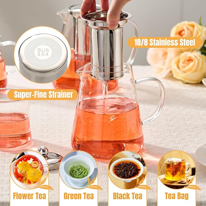 Baalaka Tea Infuser Pot, 32 oz Clear Borosilicate Glass Kettle, Stovetop | Removable 18/8 stainless steel strainer handles loose leaf, fruit or herbal blends; wide mouth and angled spout ease use