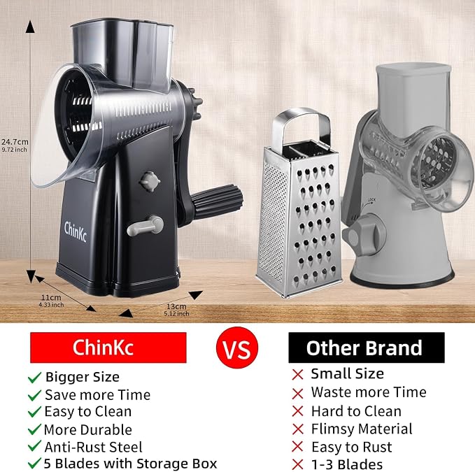 Upgrade Rotary Cheese Grater Shredder with Handle, Strong Suction Base, Multi-purpose Rotary Grater Slicer with 5 Interchangeable Blades for Ice, Vegetables, Fruit, Nuts with Blade Storage Box