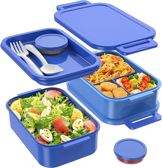 Adult Bento Lunch Box - 3 Layers Stackable Bento Lunch Box for Adults, 72oz Large All-in-One Bento Box Leak-Proof Lunch boxes with Utensil Sauce Containers, Ideal for Dining Out,Work, Blue