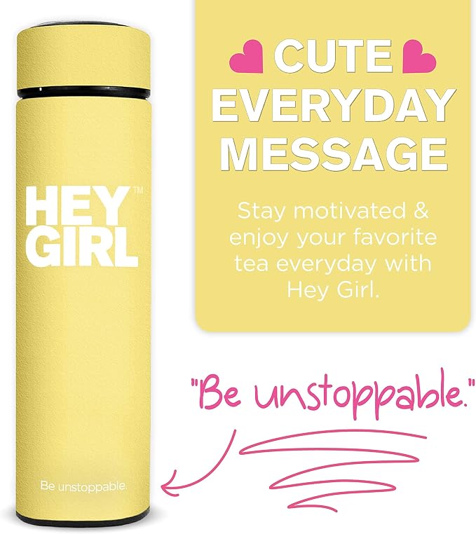 Hey Girl Tea Infuser Bottle 450ml - Insulated Stainless Steel Water Bottle - Tea Tumbler with Tea Diffuser - Portable Travel Mug for Loose Leaf Tea & Infused Water - Tea Lovers Gifts for Women