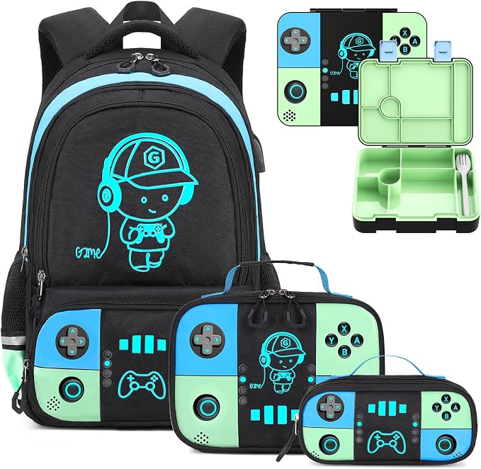 Backpack for School Boys, Cool Luminous Gamer Boys Schoolbag | with Lunch Box & Pencil Case Set for Kids Teens Elementary Middle School, Bookbag Glow In The Dark
