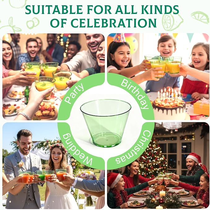Glowserve 9 OZ Green Disposable Plastic Cups Cocktail Cup 150 Pack | Fancy Cocktail Cup,Stemless Wine Glass,Wedding Wine Glasses,Graduation Birthday,World Cup,Party Essentials