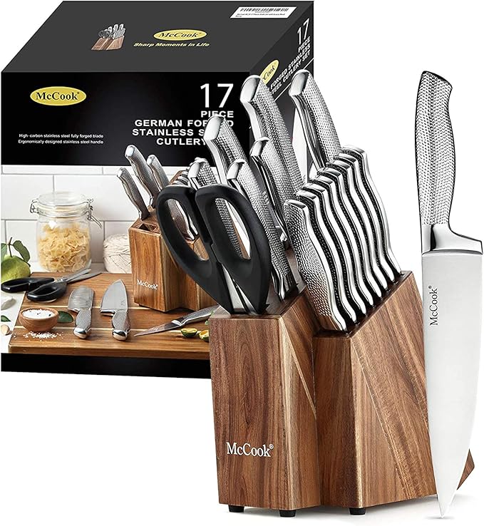 McCook Knife Set Sharp Kitchen Knife Block Set w Built-in Sharpener | German Forged Stainless Steel,17 PC,Razor Sharp, Anti-Rust,Restaurant Grade, Ergonomic Handle,Full Tang,Gift Box