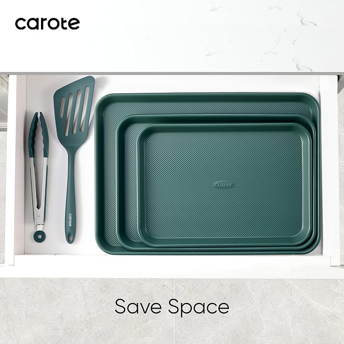 CAROTE 3-Piece Baking Sheet, Nonstick Cookie Sheets, Olive Green | 13, 15 & 17-Inch, Carbon Steel Baking Pans Set, Easy-Release, Oven Safe Up to 446°F, Even Heating, PFAS-Free, Space-Saving