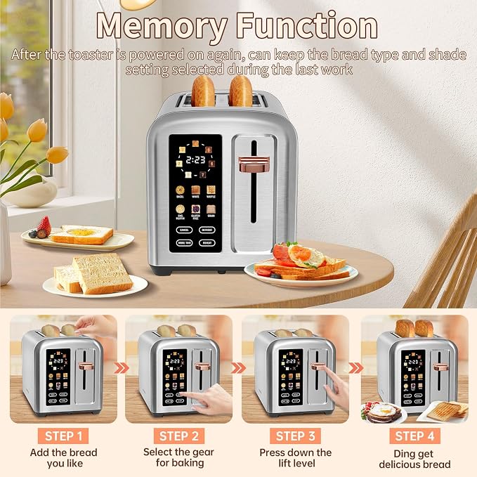 SEEDEEM Touchscreen Toaster 2 Slice, 7 Shade, Stainless, 1350W Silver Metallic
