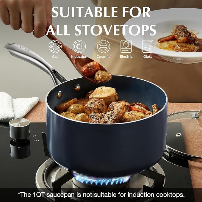 KOCH SYSTEME CS Nonstick Sauce Pan with Lid 1QT & 2QT & 3QT, 6pcs Nonstick Saucepan Set with Cool-Touch Handles, Pot Set with Ceramic Coating, Induction Compatible Sauce Pan, Oven Safe, Gradient Blue