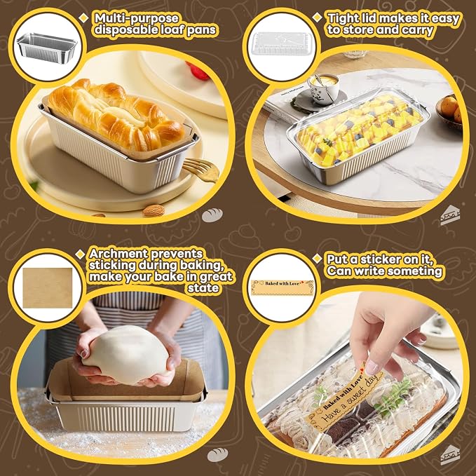 Gyreuni 80 Pack Disposable Aluminum Loaf Pans with Lids, 8.3 x 4.1 Inch | Ideal for baking bread, banana bread, meatloaf, pound cake, brownies and other homemade treats.