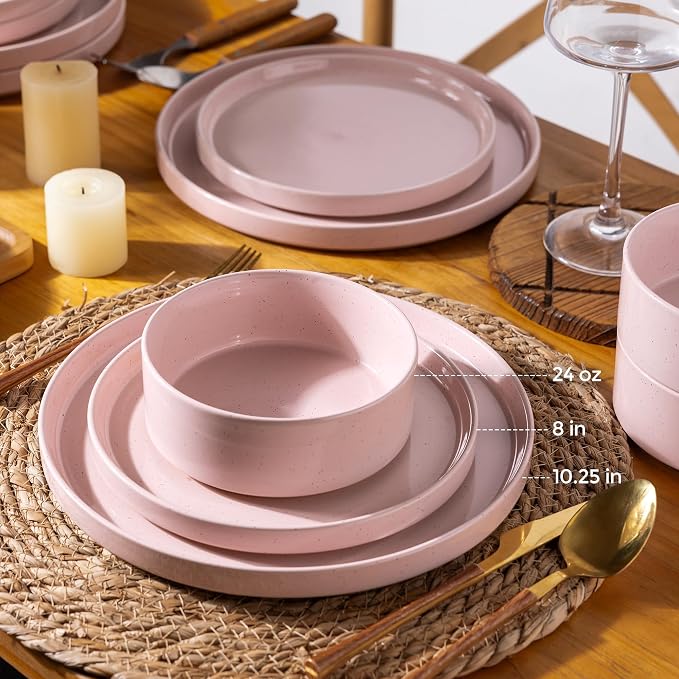 AmorArc Stoneware Dinnerware Sets for 6,18Pcs Plates and Bowls Set | Handmade Ceramic Dish Set,Dishwasher & Microwave Safe,Scratch Resistant-Pink