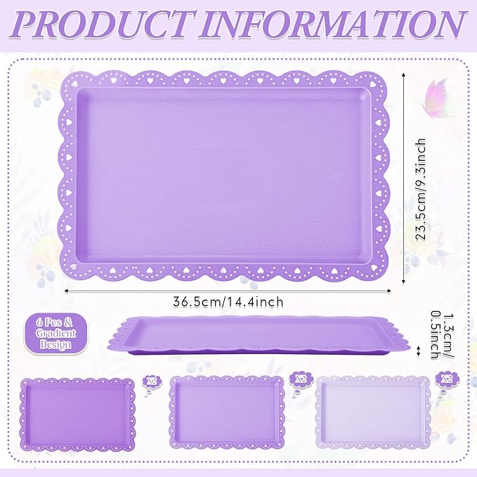 6 Pcs Purple Serving Trays Plastic Platters Dessert Cupcake Holder Party Supplies 14.4 x 9.3 Inches Rectangular Cookie Snack Display Tray for Wedding Restaurant