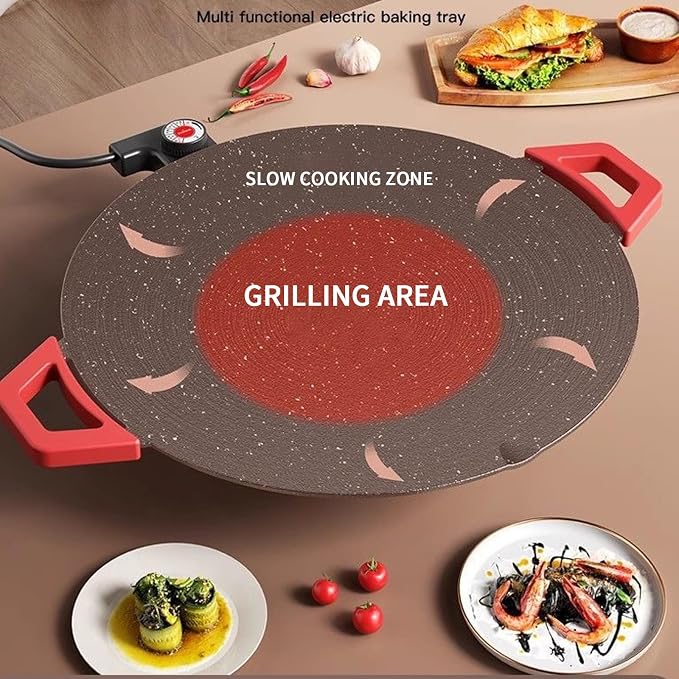 Electric Smokeless Grill, Non-Stick BBQ Griddle with Temperature Control, Round Cooking Surface with Red Handles, Indoor Barbecue Pan for Meat and Seafood (14)