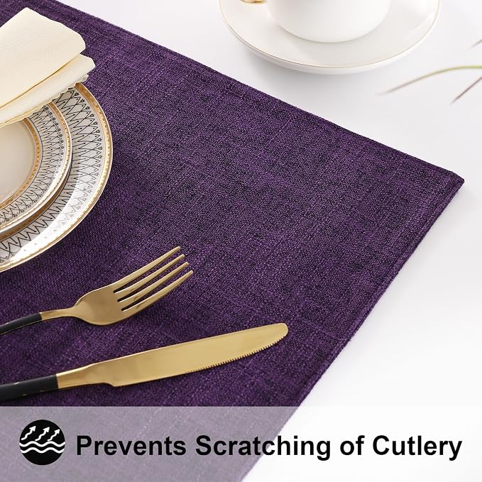 Faux Cotton Linen Placemats Set of 6, Cloth Washable Farmhouse Dining Table Mats for Indoors & Outdoors, Easy to Clean, Purple, 13 x 19 Inch