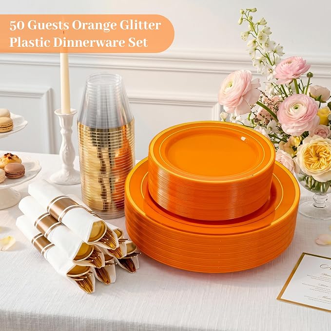 DaYammi 350PCS Orange Gold Plastic Dinnerware Set for 50 Guests, Fancy Disposable Plates for Party, Include: 50 Dinner Plates, 50 Dessert Plates, 50 Pre Rolled Napkins with Gold Silverware, 50 Cups