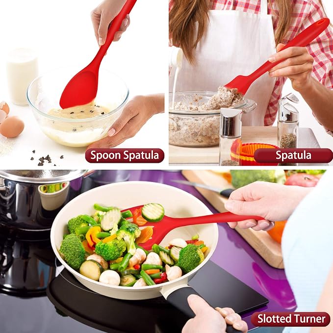 P&P CHEF Red Kitchen Utensils, Silicone Cooking Utensil Set of 7 | Soft Spatula for Nonstick Cookware, Slotted Turner, Soup Ladle, Pasta Server, Spoon for Cooking, Dishwasher Safe & Heat Proof