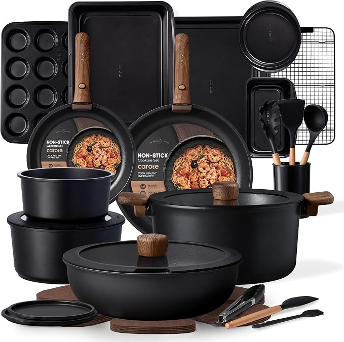 CAROTE 31pcs Pots and Pans Set Non Stick, Cookware Set Detachable Handle | Baking Pans Set, Induction Compatible, Dishwasher & Oven Safe, Space Saving, Camping Cooking Set, Kitchen Set, Black