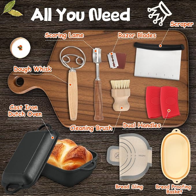 Oval Cast Iron Dutch Oven for Bread Baking, 6.35Qt Bread Baking Pan with Lid, Multi-Functional Dutch Oven Pot with Bread Baking Supplies for Bread Baking, Frying and Braising
