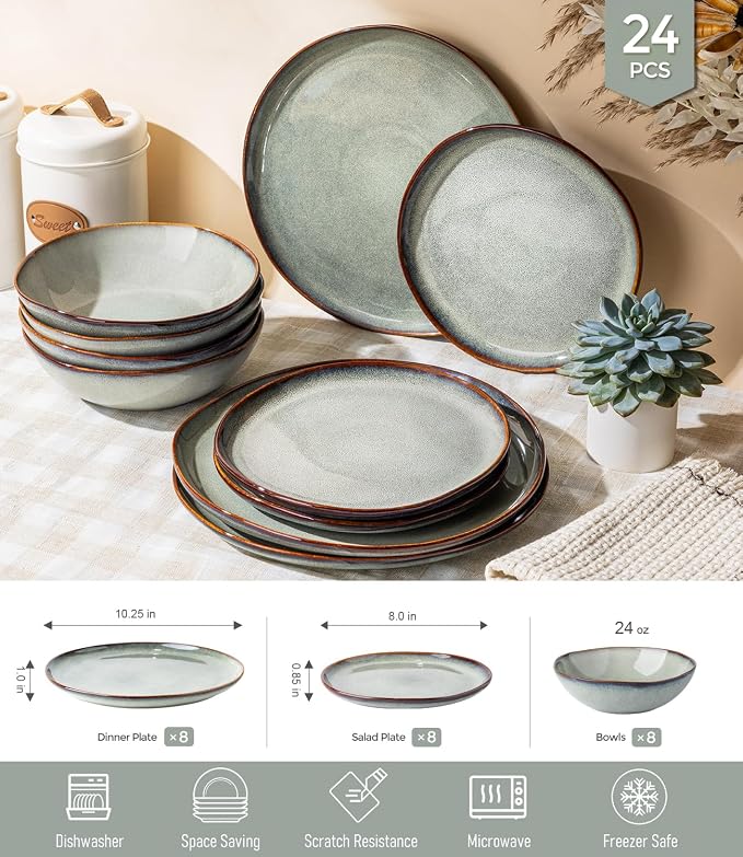 GBHOME Stoneware Dinnerware Sets for 8,24 Piece Rustic Plates and Bowls Set | Earthenware Handmade Reactive Glaze Plate Sets, Chip Resistant Ceramic Dishes, Microwave & Dishwasher Safe, Earthy Sage