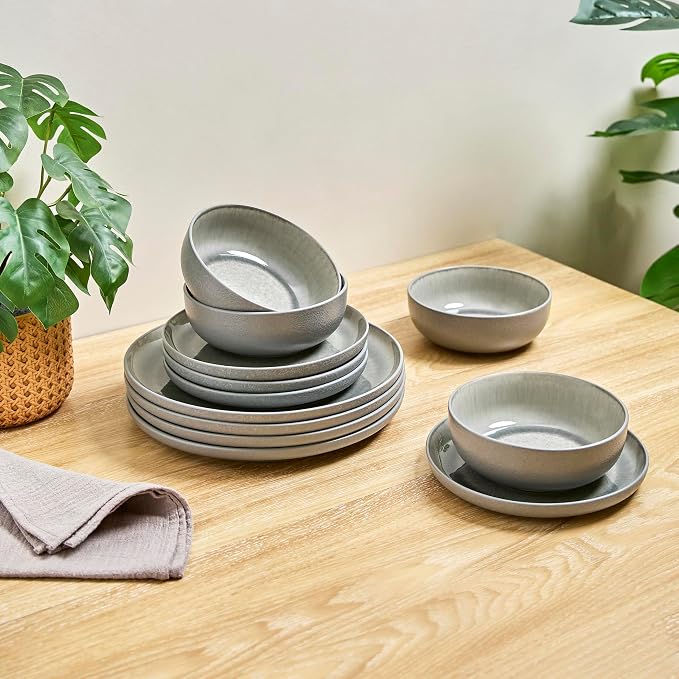 Sango Asher 12-Piece Stoneware Dinnerware Set for 4, Grey Ceramic Plates and Bowls Sets, Modern Dish Set with Reactive Glaze, Durable Kitchen Dishes for Casual Dining, Microwave & Dishwasher Safe
