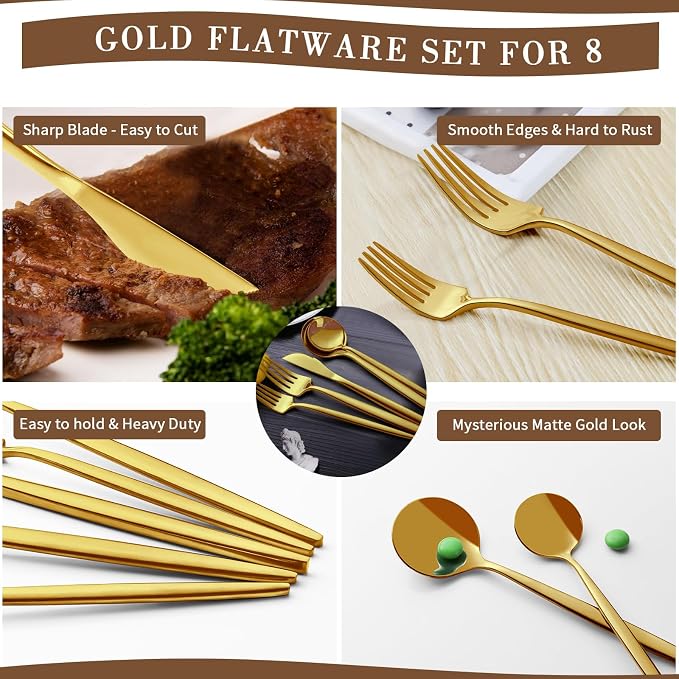 CEKEE 40-Piece Gold Silverware Set for 8, Stainless Steel Flatware Set | Gold Utensils Set, Gold Cutlery Set Include Knives Spoons and Forks Cutlery Set for Kitchen Home Restaurant, Satin Finish