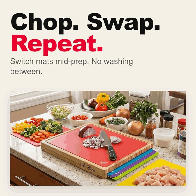 Bamboo Cutting Board Set with 6 Color Coded Flexible Mats Food Icons, BPA-Free Non Slip Easy Clean Cutting Boards for Kitchen with Holder, Dishwasher Safe, Meal Prep & Serving, Large | Cooler Kitchen