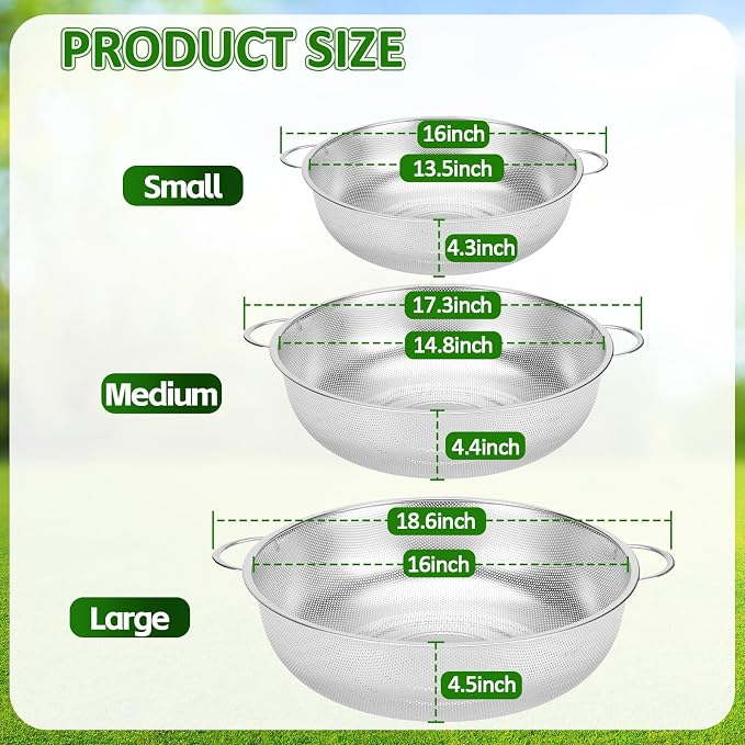 Gisafai 3 Pcs 10/12/16 Quart Stainless Steel Colander Set for Kitchen Micro Perforated Exlarge Metal Pasta Strainer with Handles Metal Mesh Strainer Net Basket Self Draining Solid Base for Pasta