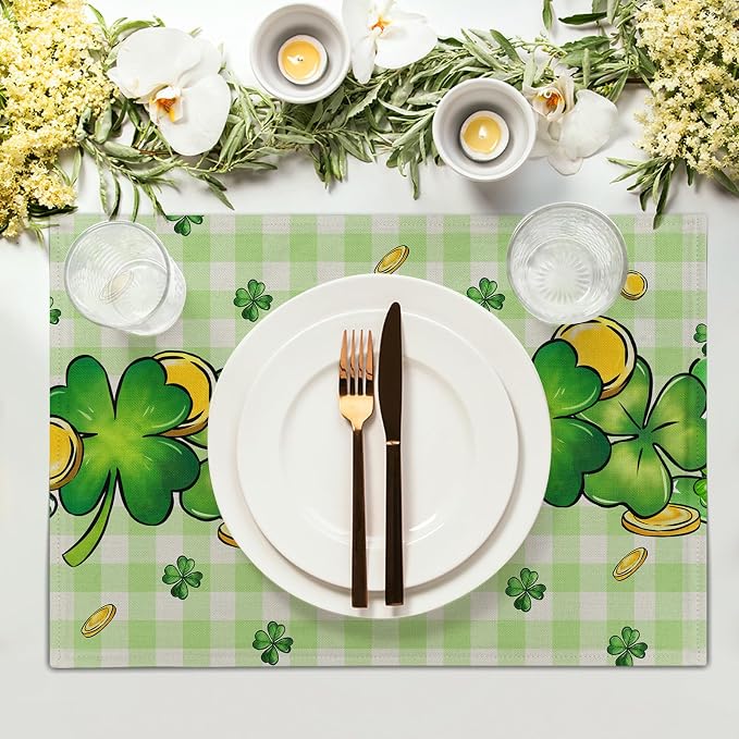 St. Patrick's Day Clover Top Hat Placemat Set of 4,Lucky Shamrock Gold Coin Dining Place Mat Table Decor 12x18 Inch Buffalo Plaid Seasonal Spring Table Mats for Home Party Kitchen Decoration