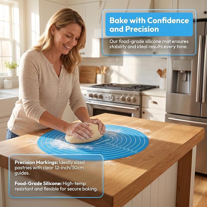 3PCS Round Silicone Baking Mats, 11.8 Inch Reusable Nonstick Pastry Mat with Measurement Guides, Heat Resistant Silicone Baking Mat for Pizza Pan, Dough Rolling, Pastry and Baking