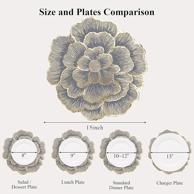 Gold Flower Placemats Set of 6 Pressed Vinyl Table Mats for Dining Table | Round Blue Centerpiece Decor Washable Waterproof Non Slip 15 Inch For Wedding Birthday Party Restaurant