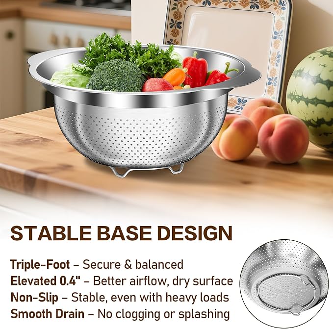 Colander, Stainless Steel Colander for Kitchen, Stainless Steel Strainer, Pasta Strainer for Spaghetti Fruits Vegetables Cooking Food, Kitchen Food Strainer - 3 QT