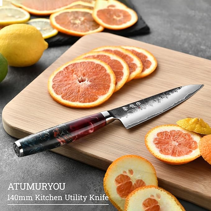 5.5'' Japanese Utility Knife, Black Forged 3-Layer VG10 Steel Core | San-Mai Kurouchi Finish, 62 HRC Hradness, Fine Detail Work, Nimble Blade Control, Resin-Wood Handle, Premium Gift Box