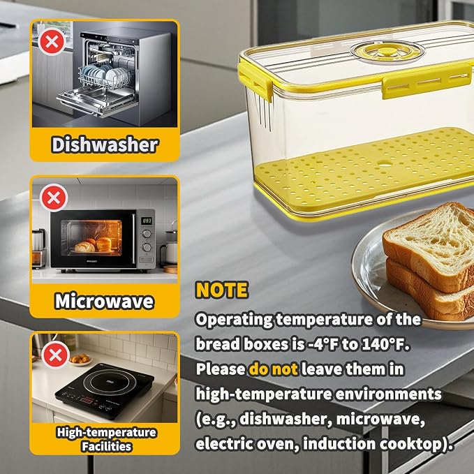 Airtight Bread Box for Kitchen Countertop, Yellow, 2 PCS | Time Recording Dial, Multi-Use Food Storage, Container with Lid, Draining Tray, For Homemade Bread, Sourdough, Toast, Cookies