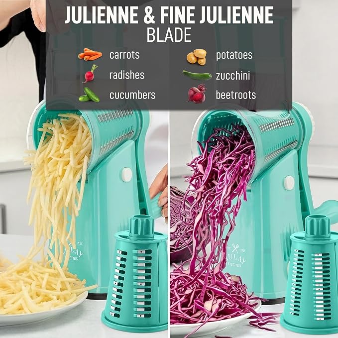 Zulay Kitchen Rotary Cheese Grater 5 Blade Cheese Shredder - Manual Hand Crank Cheese Grater With Reinforced Suction & 5 Interchangeable Drums - Easy to Use, Vegetable Chopper Round Mandoline Slicer