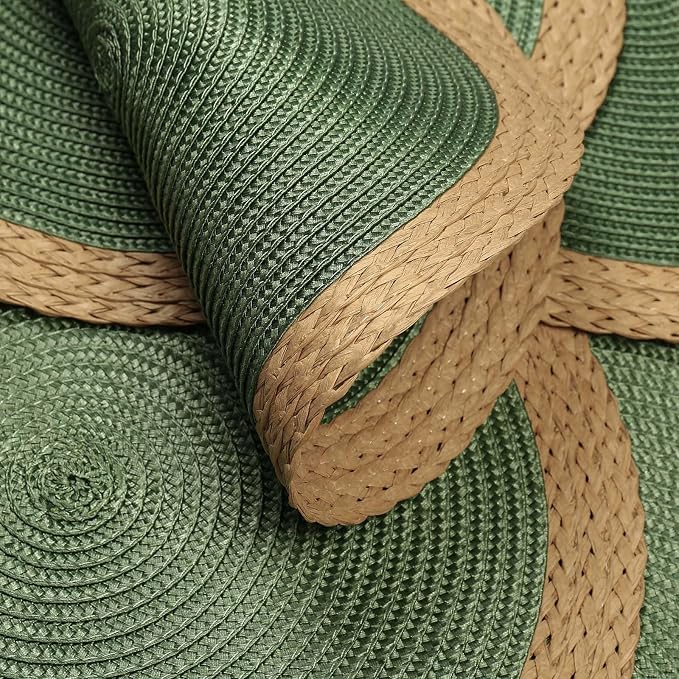 Round Placemats Set of 6, Woven Table Mats, Wide Edge, Green | Braided Paper Edge, 15 Inch Diameter, Fits Dinner Plate and Flatware, Wipeable, Heat Resistant, Indoor Dining, Outdoor Patio