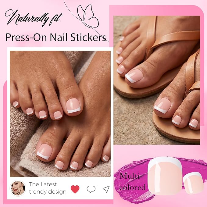 240pc White French Tip Press on Toenails Women Nude Fake Toenails | Fake Toe Nails Press ons Nail Square Glue on Toe Nails Acrylic Press on Toes Nails Tip Stick False Artificial Toenail