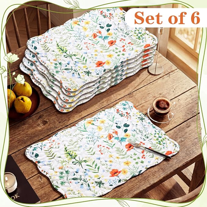 Quilted Placemats Set of 6, 18" x 13" Large Scalloped Cotton Placemat Washable Cloth Flowers Table Mats for Summer Party Kitchen Dining Farmhouse Cottagecore Decor(Wildflowers)