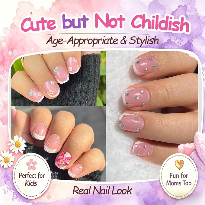 72Pcs Press on Nails for Kids, 3D Nail Rhinestones Flowers for Girls 8-12 | Square Kids Press on Nails, 12 Size, Non-Toxic, Fashion Nail Kit with Adhesive Tabs, Nail File, for Christmas Birthday Party