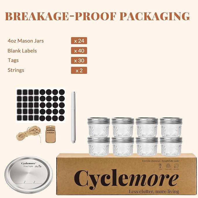 CycleMore Mason Jars 4 oz, 24 Pack Diamond Mini Glass Jars with Printed Silver Split Lids, Small Canning Jars for Caviar, Jam, Honey, Jelly, Party Favors and Gifts