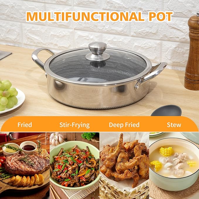 Toutrop Stainless Steel Saute Pan 12 inch Deep Frying Pan,5 Quarts Nonstick Skillet Large Sauté Pan with Lid,PFOA Free Cookware,Induction Compatible Chef Cooking Pan,Dishwasher & Oven Safe