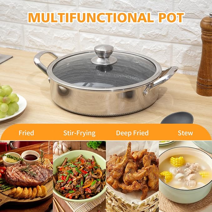 Toutrop 6 QT Hybrid Nonstick Saute Pan with Lid,Tri-Ply Stainless Steel 12.5Inch Frying Pan Cookware,Induction Skillet,Dishwasher & Oven Safe