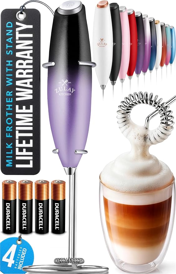 Zulay Kitchen Powerful Milk Frother Wand With Duracell Batteries - Ultra Fast Handheld Drink Mixer - Electric Whisk Foam Maker for Coffee, Lattes, Cappuccino & Matcha - Z1 Motor - Galaxy