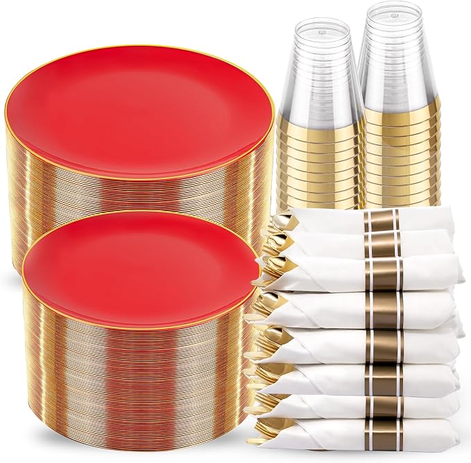 KIRE 350 PCS Red and Gold Plastic Plates - Plastic Dinnerware for Christmas | Include 100PCS Red Disposable Plates, 50PCSPre Rolled Napkins with Silverware&50PCS Cups for Party