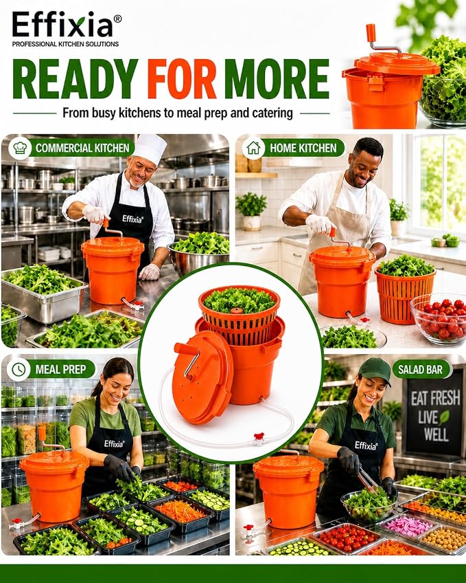 Commercial Salad Spinner - 6.5 Gallon Large Capacity Lettuce Dryer | 10 Ft Drain Hose & Stop Valve, 25Qt Manual Vegetable Spinner for Restaurants, Catering and Meal Prep